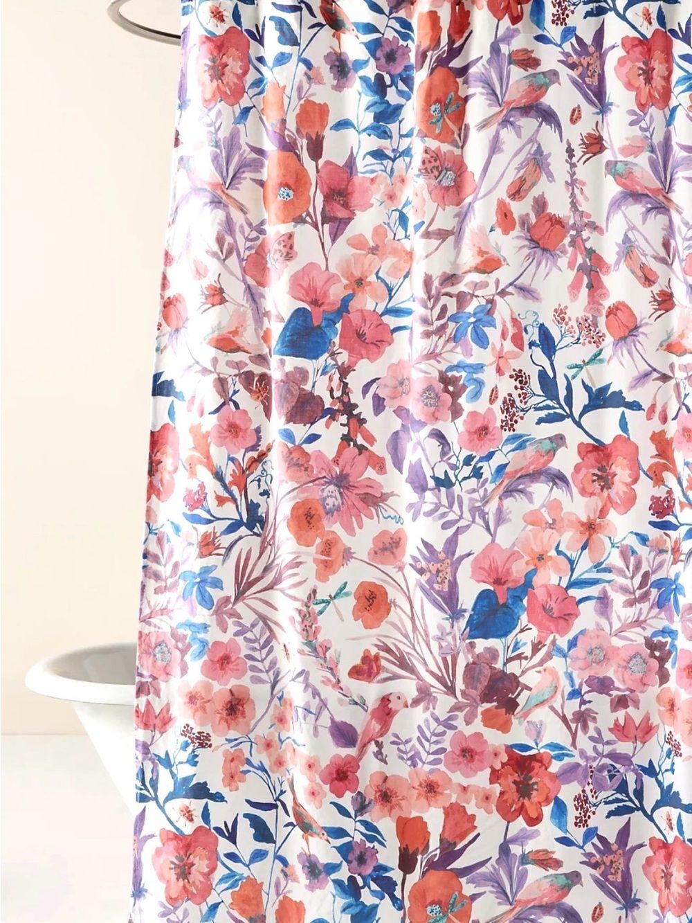 ANTHROPOLOGIE Alice Shower Curtain Vibrant Floral Bloom Birds 100% Cotton Fabric